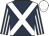 Dark blue, white cross sashes, white stripes on sleeves, white cap