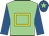 Light green, yellow hollow box, royal blue sleeves, royal blue cap, light green star