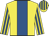 Yellow, royal blue panel, striped sleeves & cap