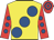Yellow, large royal blue spots, red sleeves, royal blue spots, red & royal blue hooped cap