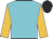 Peacock blue, old gold sleeves, black cap