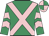 Emerald green, pink cross belts, chevrons on sleeves, pink and emerald green quartered cap