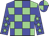 light green and blue checked, light green stars on blue sleeves, quartered cap