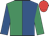 Royal blue & emerald green halved, sleeves reversed, red cap