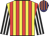 Yellow & red stripes, black & white striped sleeves, purple & orange striped cap