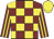 Maroon & yellow check, striped sleeves, yellow cap
