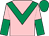 Pink, emerald green chevron, halved sleeves, emerald green and pink quartered cap