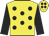 yellow, black spots, black sleeves, yellow cap, black spots