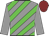 grey, green diagonal stripes, grey sleeves, maroon cap