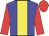 blue, yellow stripe, red sleeves and cap