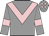 grey, pink chevron, grey sleeves, pink armlets, grey cap, pink spots