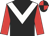 Black, white chevron, red sleeves,red and black quartered cap, black peak