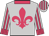 Silver, cerise fleur de lys, cerise collar and cuffs, striped sleeves, striped cap