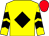 YELLOW, BLACK diamond, chevrons on sleeves, RED cap