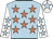 light blue, orange stars, white arms, light blue stars, white cap, light blue star