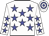 White body, blue stars, white arms, blue stars, white cap, blue hooped