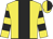 Yellow, black panel, black hoops on sleeves, yellow and black halved cap
