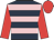 dark blue, pink hoops, red sleeves and cap