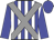 blue, white stripes, grey cross sashes, blue sleeves and cap