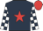 dark blue, red star, dark blue and white checked sleeves, red cap