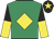 Emerald green, yellow diamond, yellow & black halved sleeves, black cap, yellow star