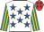 White, royal blue stars, emerald green & yellow striped sleeves, red cap, royal blue stars