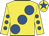 Yellow, large royal blue spots, royal blue spots on sleeves, royal blue star on cap