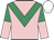 Pink, emerald green chevron, emerald green and pink halved sleeves, white cap