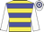 Yellow body, blue hooped, white arms, white cap, blue hooped