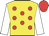 yellow, red spots, white sleeves, red cap