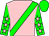 pink, green sash, green sleeves,  pink stars, green cap