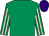 Emerald green, beige striped sleeves, purple cap