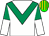 WHITE, emerald green chevron, halved sleeves, green and yellow striped cap