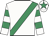 white, emerald green sash, emerald green hoops on sleeves, white cap, emerald green star