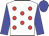 White body, red spots, blue arms, blue cap