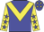 Big-blue body, yellow chevron, yellow arms, big-blue stars, big-blue cap, yellow stars