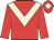 Red body, beige chevron, red arms, red cap, beige diamond