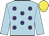 light blue, purple spots, light blue sleeves, yellow cap