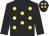 Black, yellow spots, black sleeves, yellow spots on cap