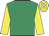 Emerald green, yellow sleeves, yellow cap, white spots