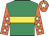 Emerald green, yellow hoop, orange sleeves, white stars, orange cap, white star