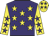 Purple body, yellow stars, yellow arms, purple stars, yellow cap, purple stars