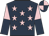 Dark blue, pink stars, pink and dark blue halved sleeves, dark blue and pink quartered cap