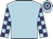 Light blue, purple checked sleeves, hooped cap