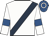 White, dark blue sash, royal blue armlets, royal blue cap, white hoop