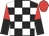 Black and white check, red and black halved sleeves, red cap