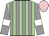 Light green & grey stripes, grey sleeves, white armlet, pink cap