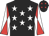 Black, white stars, white and red diabolo on sleeves, black cap, red stars