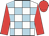 white, light blue check, red sleeves and cap