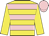 yellow, pink hoops, yellow sleeves, pink cap